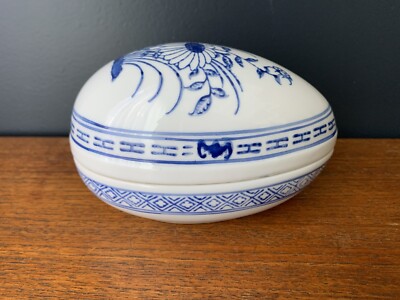 Vintage orientalisches Keramik-Deckelei - blau & weißes Osterei - Ostergeschenk