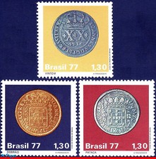1523-25 BRAZIL 1977 BRAZILIAN COLONIAL COINS, MONEY ON STAMPS, MI# 1615-17, MNH