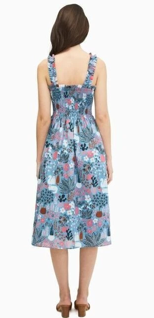 Abito midi Kate Spade Garden Posy smocked stampa gatto cactus taglia XS blu