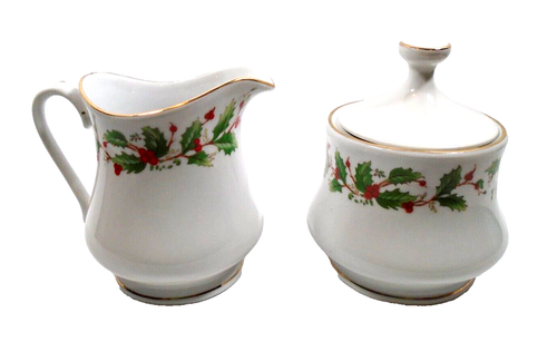 China Pearl Creamer & Sugar Bowl With Lid Noel Holly Berry Christmas Home Decor
