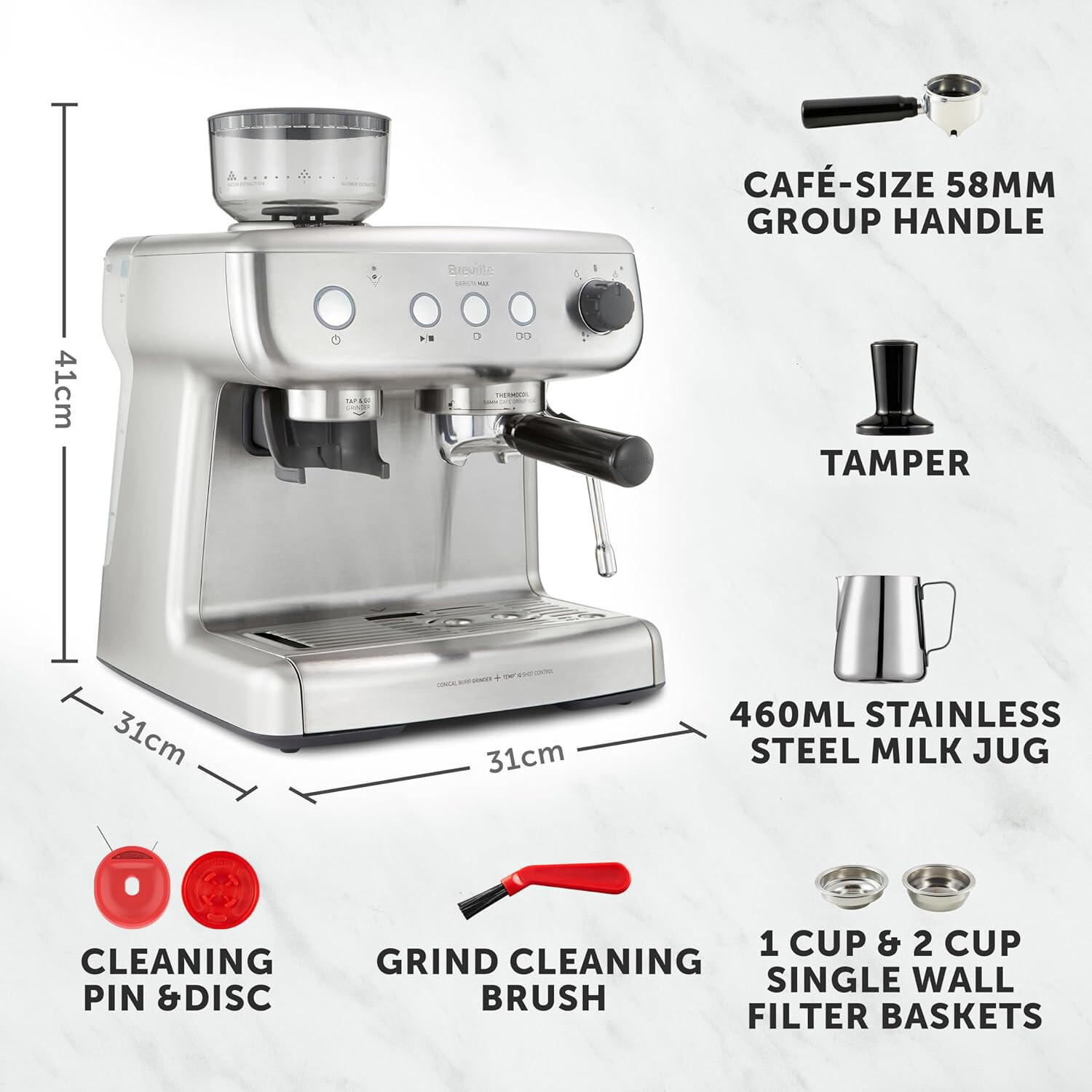 Breville VCF126 Barista Max Espresso Coffee Machine, Stainless Steel, 2