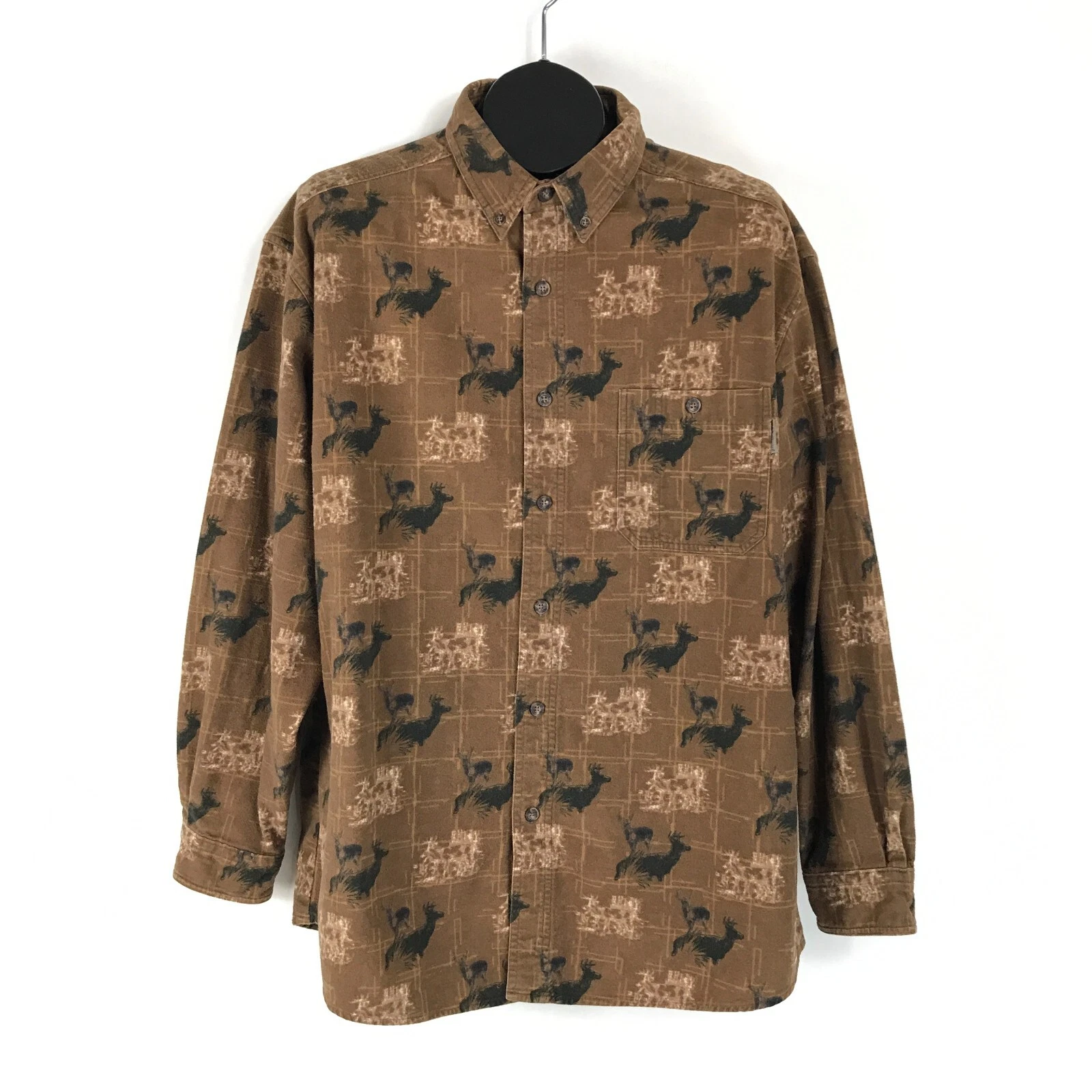 Woolrich Long Sleeve Flannel Shirt Men's XL Nutmeg Deer Plaid Cotton Outdoor