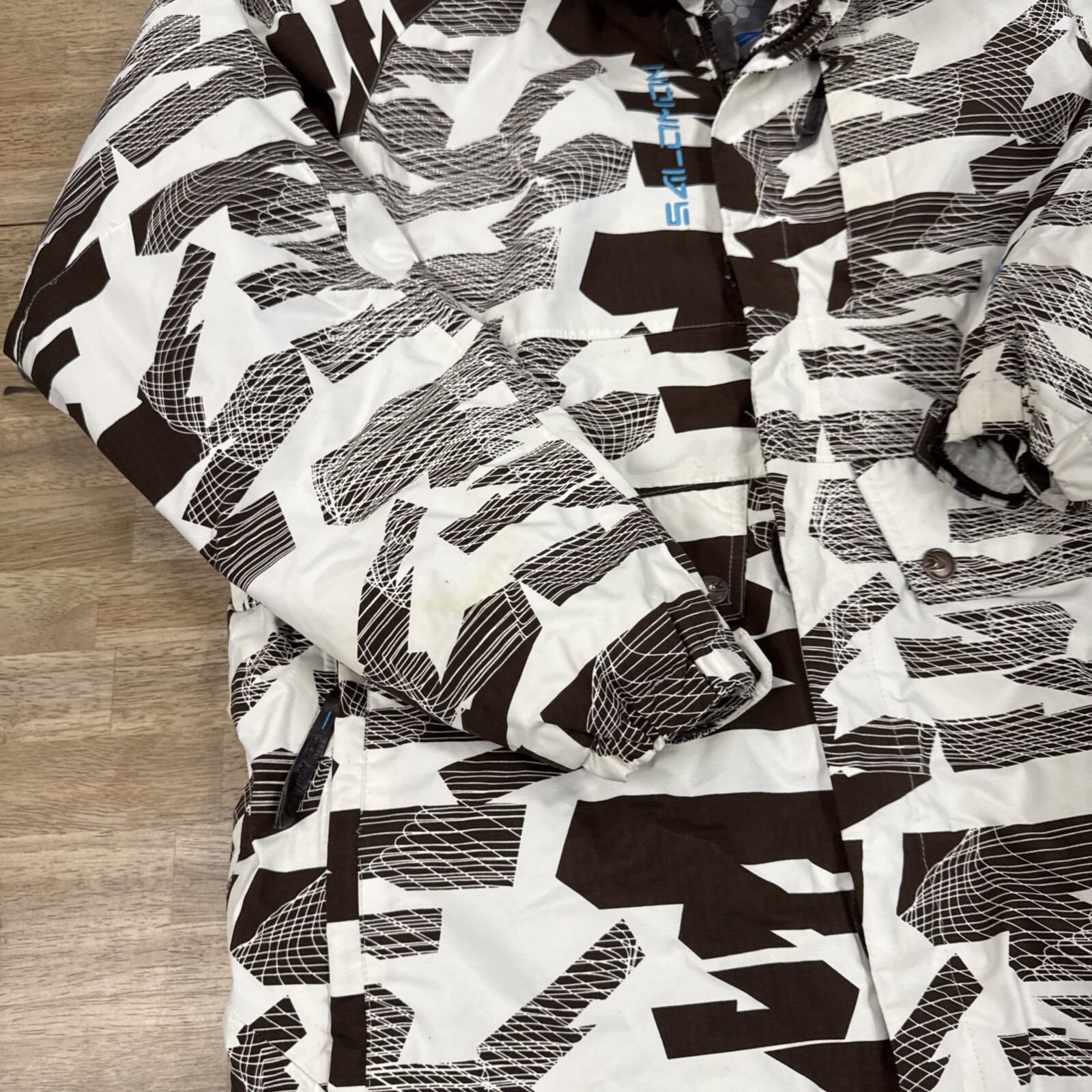 2007 Salomon Puffer Jacket Uomo M Sci Snowboard Invernale Marrone Bianco *NO CAPPUCCIO*