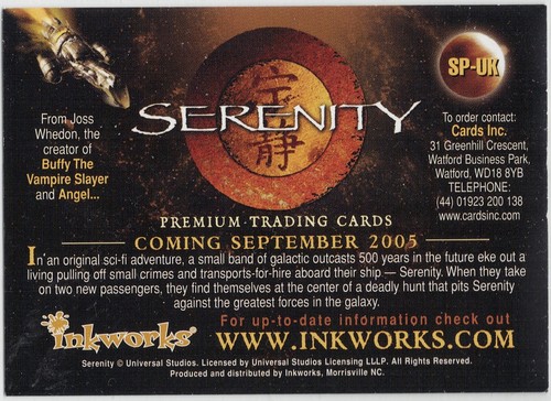 Serenity Movie Trading Card Promo SP-UK Inkworks 2005 Whedon Firefly - Picture 2 of 2