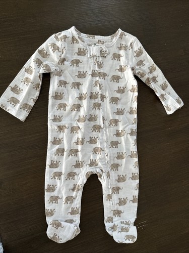 Aden + Anais 3 - 6 M White Brown Elephant Cotton Knit Zip Front Footie Pajama