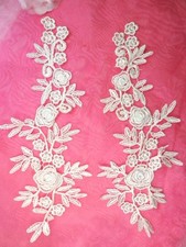 Romantic Roses Embroidered Lace Appliques Ivory Floral Mirror Pair 13" DH84 