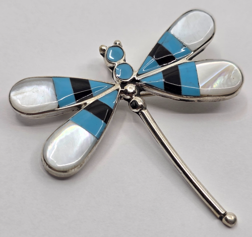 Zuni Assorted Stone Inlay Sterling Silver Dragonfly Pendant Pin Brooch - 第 1/8 張圖片