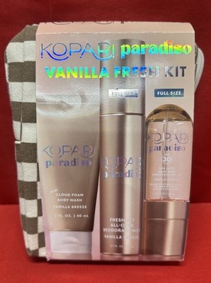 KOPARI Paradiso Vanilla Fresh Kit 3Pc Set Body Wash Deodorant Sunscreen W Bag