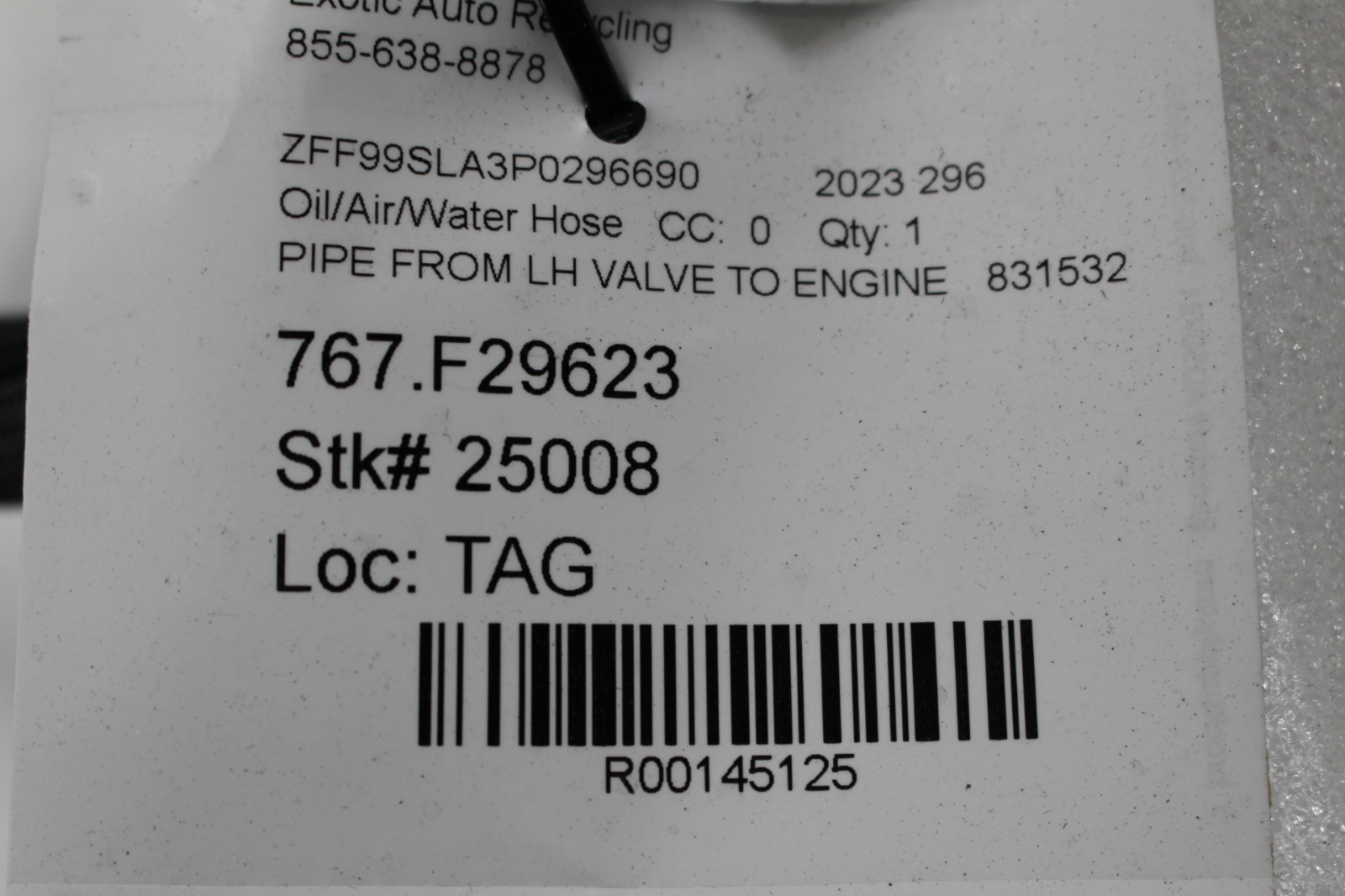 Ferrari 296 GTB, Emission End Hose, Used, P/N 778432