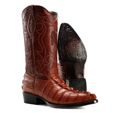 Men’s Genuine Leather Exotic Alligator Print J-Toe Cowboy Western Boots - Cognac