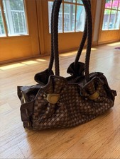 Woven Dark Brown Leather Shoulder Bag with Br...