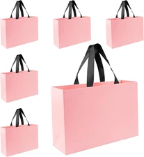 Xloey Pink Gift Bags, 6 Pcs 12.6"X4"X8.7" Pink Paper Bags with Ribbon Handles fo