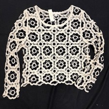 Adiva Crochet Top Black & Cream Floral Long Sleeve Medium Blouse Shirt