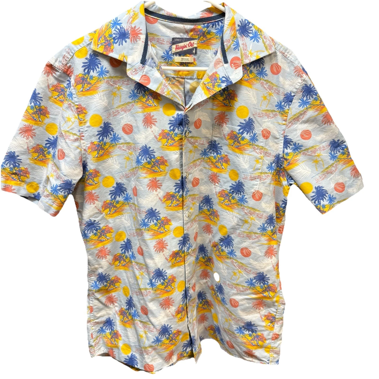 Johnnie O Shirt Men’s Medium Hawaiian Palms Beach Gulf Blue Franklin Hangin Out