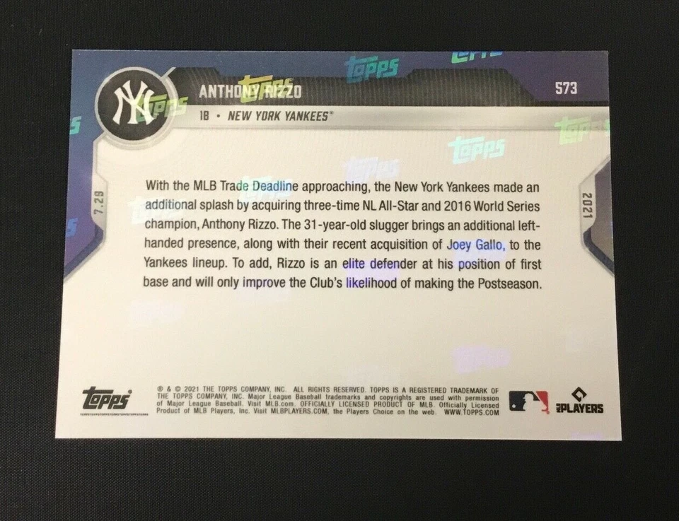Anthony Rizzo 2021 MLB TOPPS NOW #573 Traded New York Yankees Chicago Cubs /49 - Image 2 of 2