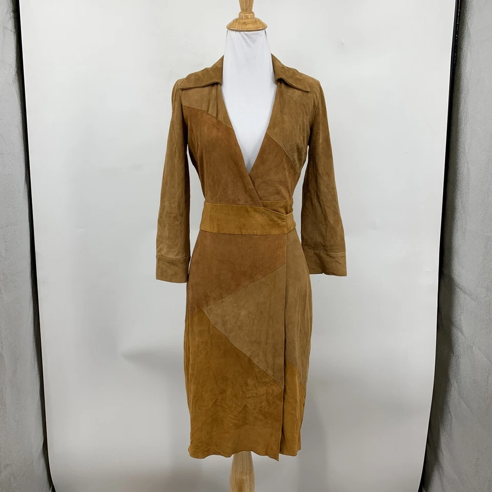 Diane Von Furstenberg Goat Suede Wrap Dress Womens 0 Brown Low Cut Tie Waist NEW - Image 2 of 4