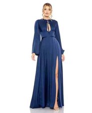 Mac Duggal Navy Blue Charmeuse Soft Tie Keyhole Bell Sleeve Gown Size 8 $498
