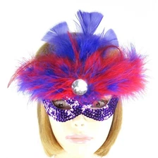 Purple Sequin Mardi Gras Costume Party Society Mask Feather Crystal Red Hat Lady