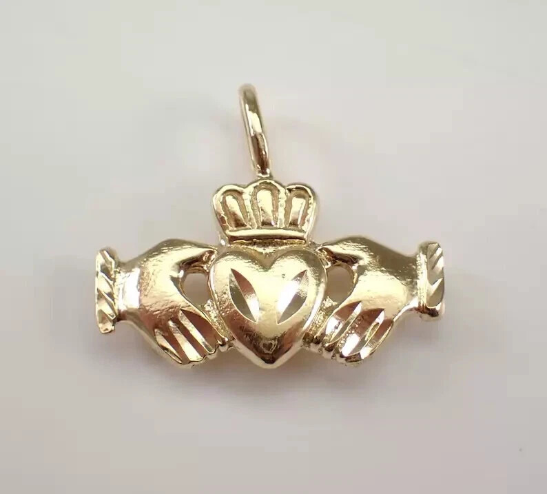Vintage Claddagh Hands Holding Heart Charm Pendant 14k Yellow Gold Plated Silver - Product main view