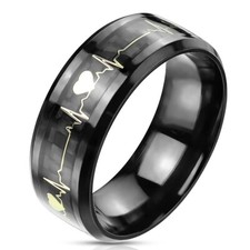 8mm Stainless Steel Gold Plated Heartbeat Black Carbon Fiber Wedding Band Ring