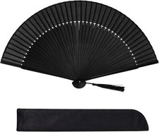 Hand Held Bamboo Silk Folding Fan, Chinese Japanese Handheld Fan with Tassel