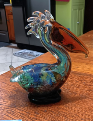 Vintage Murano Style Art Glass Pelican Figurine Green Blue Copper
