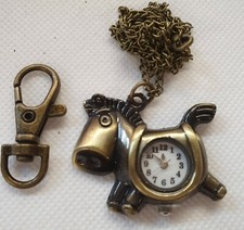 Bronze Vintage Style Mini Pony Horse Pocket Watch Necklace Keyring Gift Idea