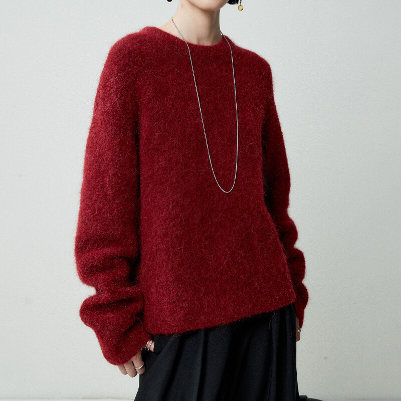 Faux Alpaca Fur Soft Knitted Sweater for Women Crew Neck Pullover Jumpers Tops