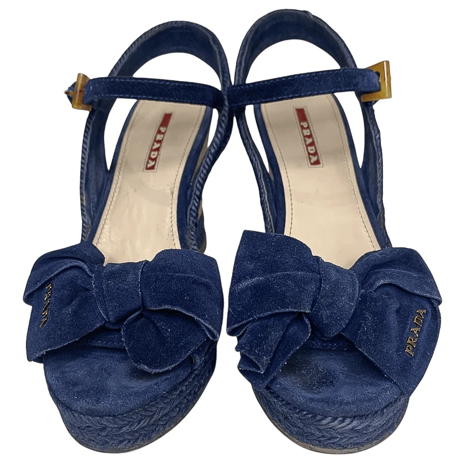 Prada Logo Blue Suede Bow Platform Espadrilles EU 37 Slingback Buckle Wedges - Image 3 of 4