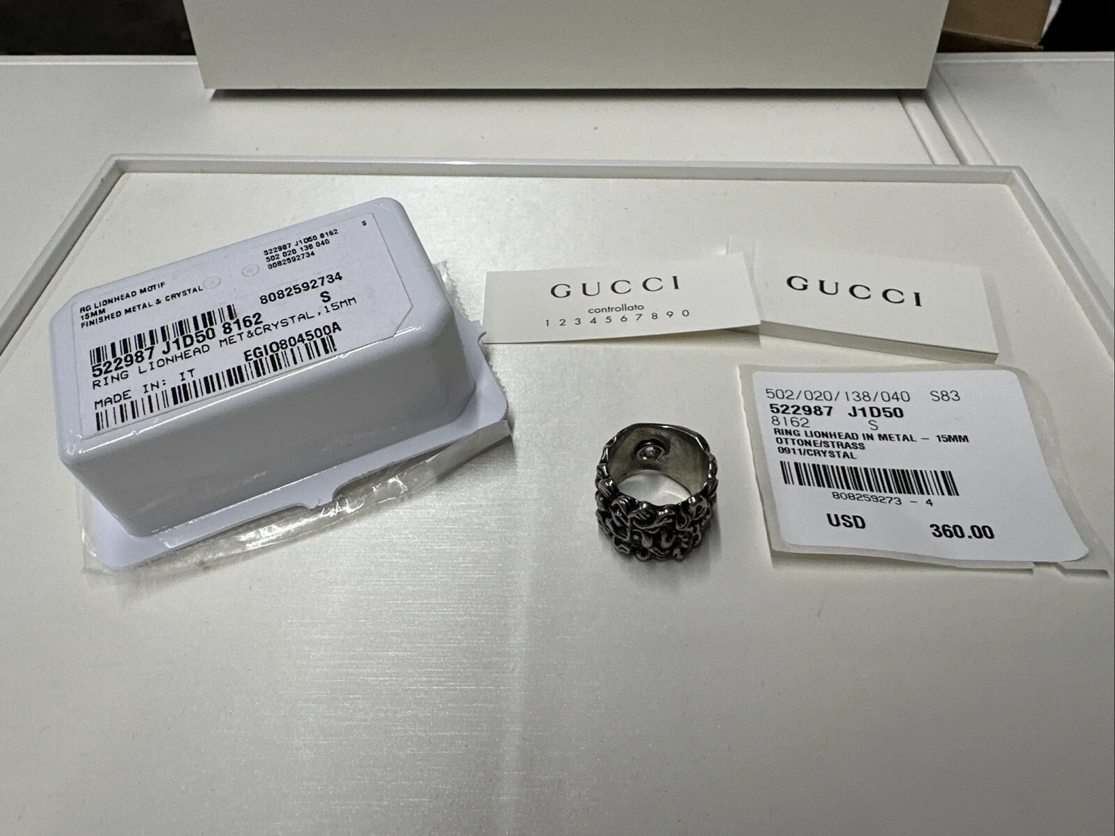 Bague Gucci 522987 tête de lion avec cristal 15 mm neuve