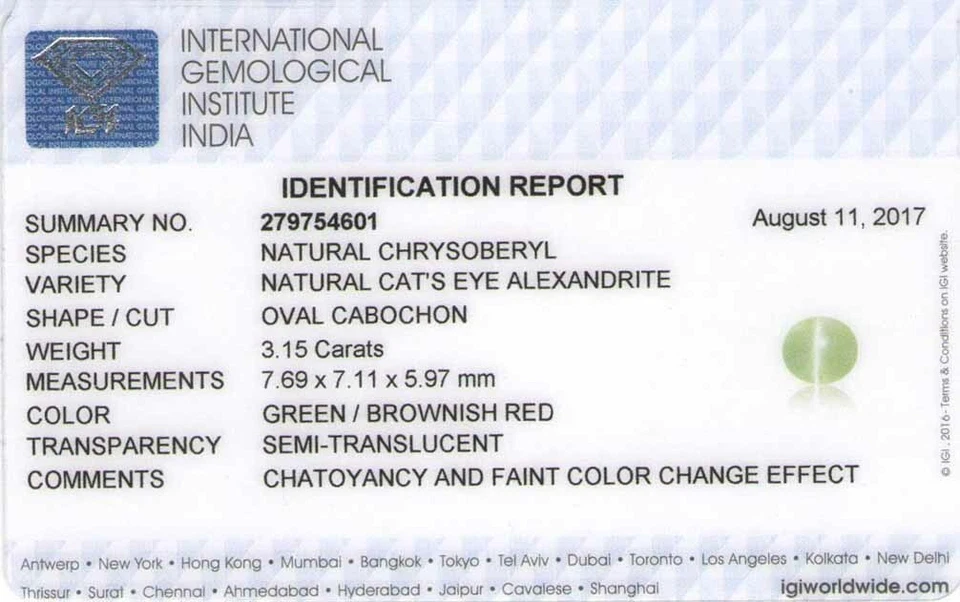Ojo de Gato Alejandrita India Certificado IGI 3,15 Cts Natural Sin Tratar Ovalado Foto 2 de 4