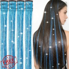 Fairy Hair Tinsel Kit Sky Blue Glitter Clip In Extensions 12Pcs  Gel