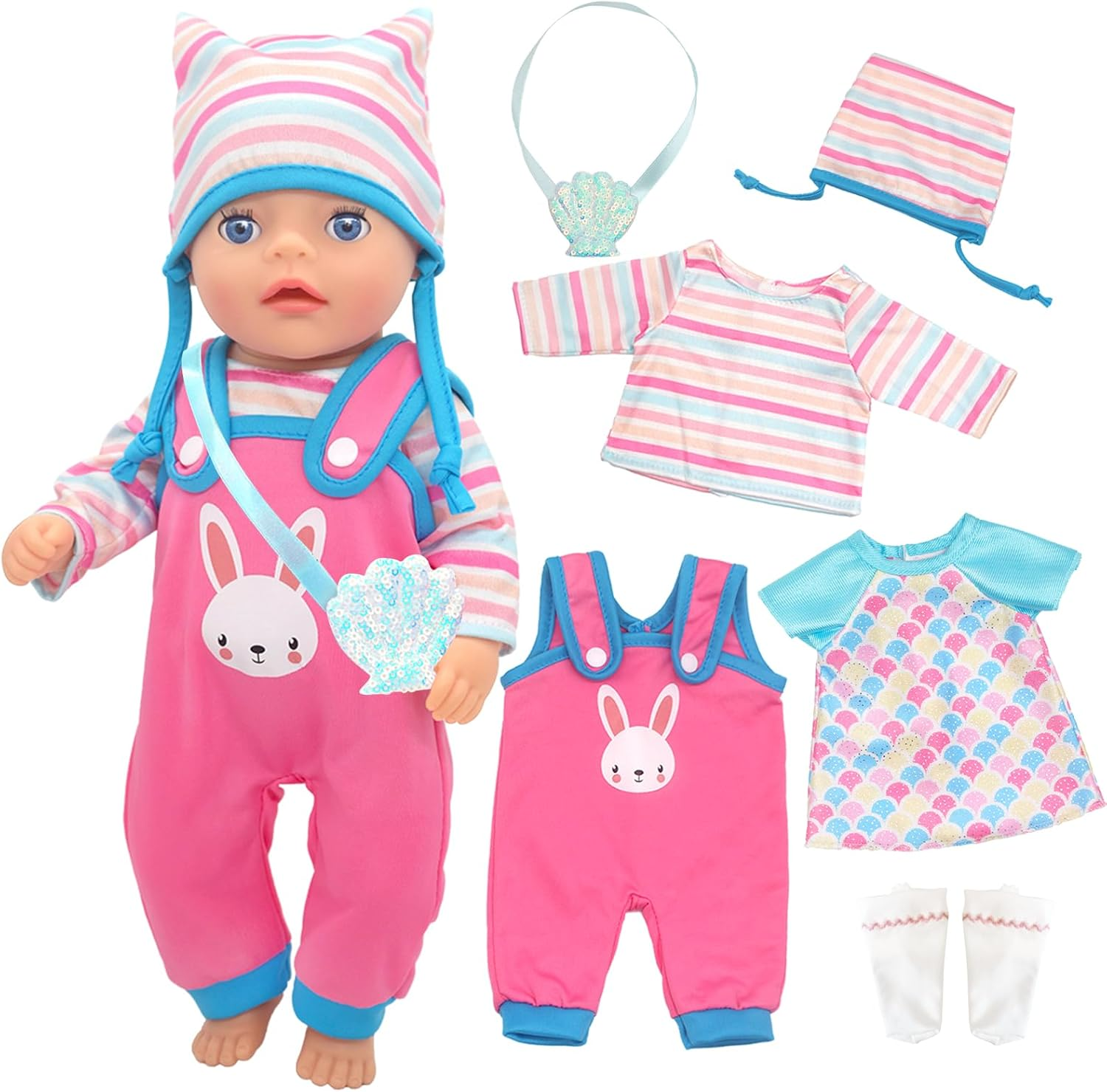 Baby Doll Clothes for 12-14 Inch Dolls, 6 Pcs Bunny Doll Outfits with Hat Socks