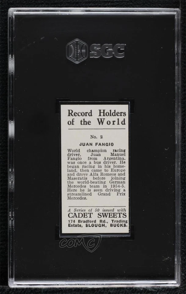 1956 Cadet Sweets Record Holders of the World Juan Manuel Fangio #2 SGC 8 HOF - Image 2 of 2