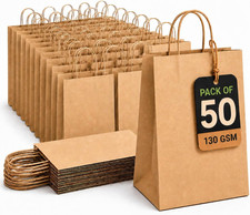 Brown Paper Bags with Handles 50 PCS, Large Kraft Gift Bags Bulk, Shopping