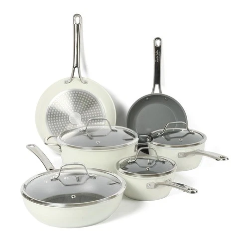 10 Piece Nonstick Cookware Set Forged Aluminum Induction Safe Linen White