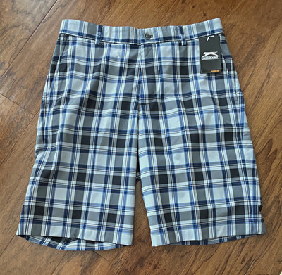 Slazenger Men s Blue Gray White Black Plaid Golf Shorts Polyester Slash Pockets