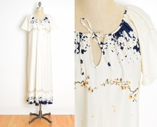vintage 70s maxi dress cream navy floral border print caftan tent hippie boho M