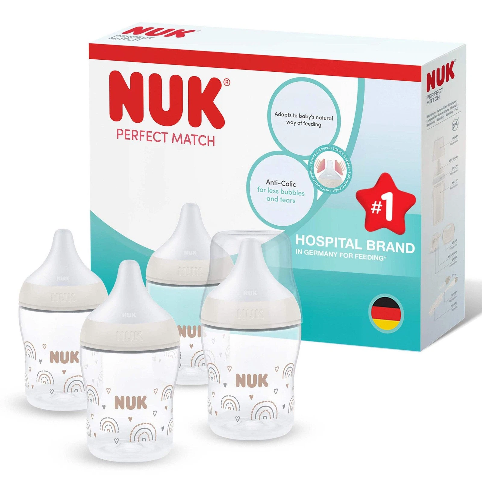 NUK Perfect Match Baby Bottles 150ml 0M+ Rainbow 4 Pack Anti Colic NEW