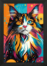 Vibrant Maine Coon Cat | Bold Abstr Framed Wall Art Poster Canvas Print Picture