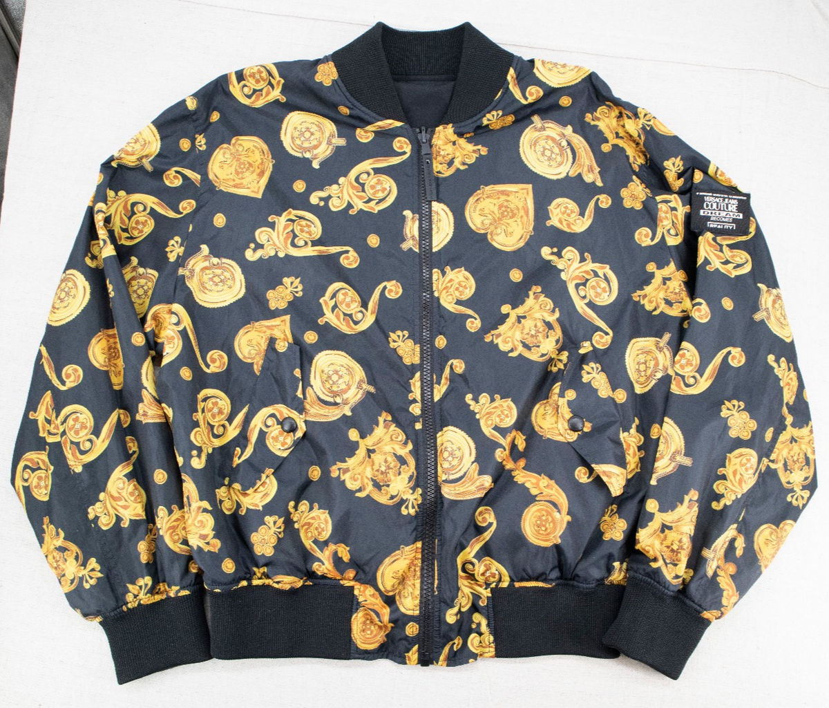 Versace Baroque Print Gold Bomber Jacket Black Zip Size Men's XL