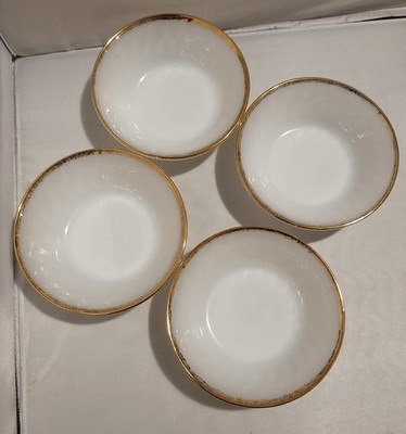 4  Anchor Hocking Fire King Vintage White Swirl 22Kt Gold Trim  Dessert Bowls