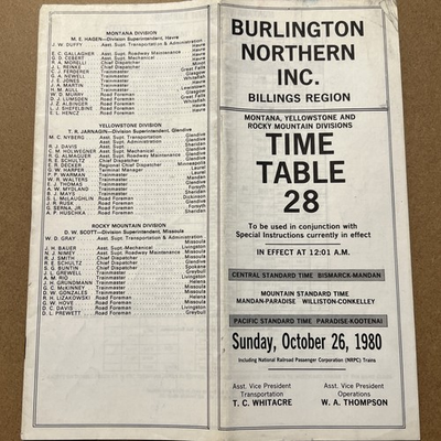#ad Burlington Northern Railroad Company Timetable #28 Billings Region 1980 Ephemera $19.99