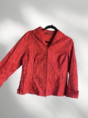 Samuel Dong Red Floral Embroidered Collared Full Zip Jacket Long Sleeve Size M