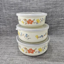 Vintage HIMARK 3 pc Nesting Bowls Enamelware Mixing/Serving Lidded Set Caltera