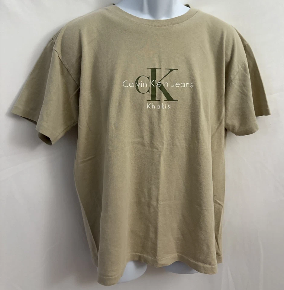 Винтажная мужская футболка 90-х одинарный шов Calvin Klein Khakis размер Small бежевый - Изображение 4 из 4