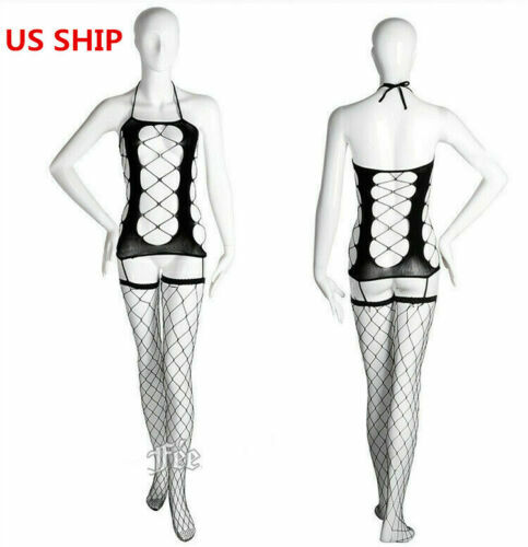 US Women Sexy Fishnet Body Stocking Bodysuit Dress Lingerie Babydoll Sleepwear - Picture 5 of 9