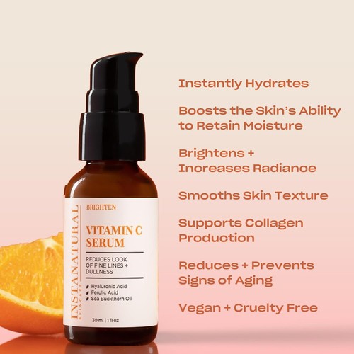 InstaNatural Vitamin C Face Serum, Brightens Hyaluronic, Ferulic Acid, 1 FL OZ - Picture 2 of 7