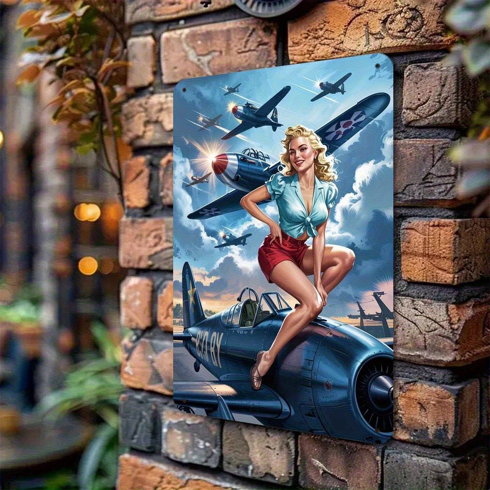Vintage WWII Pinup Girl & Fighter Plane Metal Tin Sign Retro Aviation ...