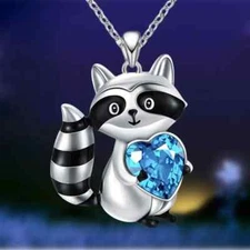 Beautiful Raccoon With Blue Heart Pendant Necklace Elegant Charm Animal Lover